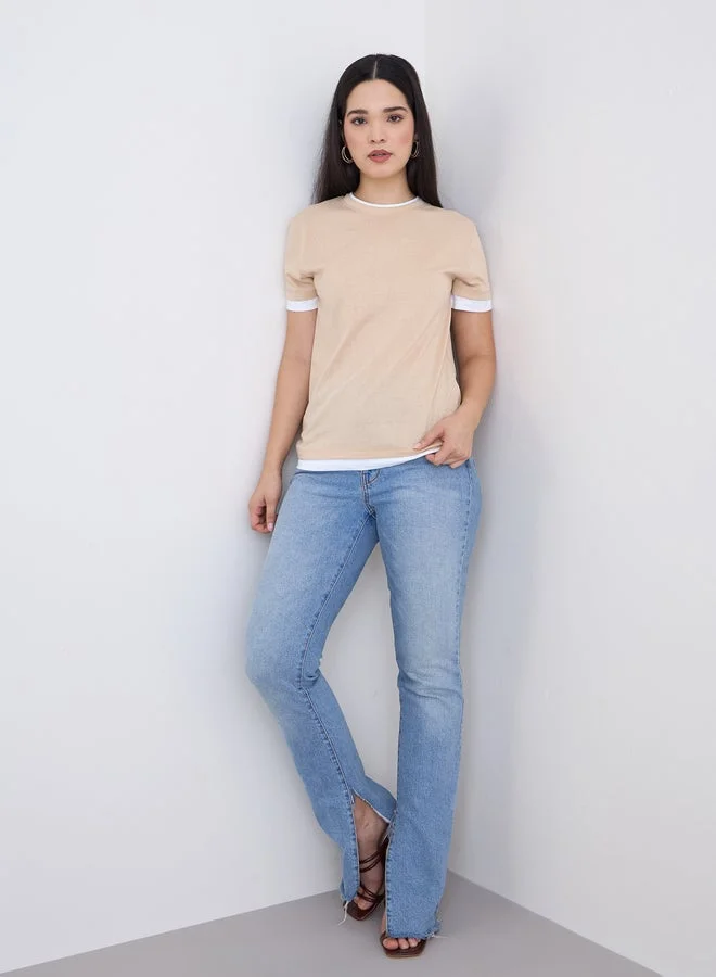 Styli Styli Beige Regular Fit Cotton Ringer T-Shirt